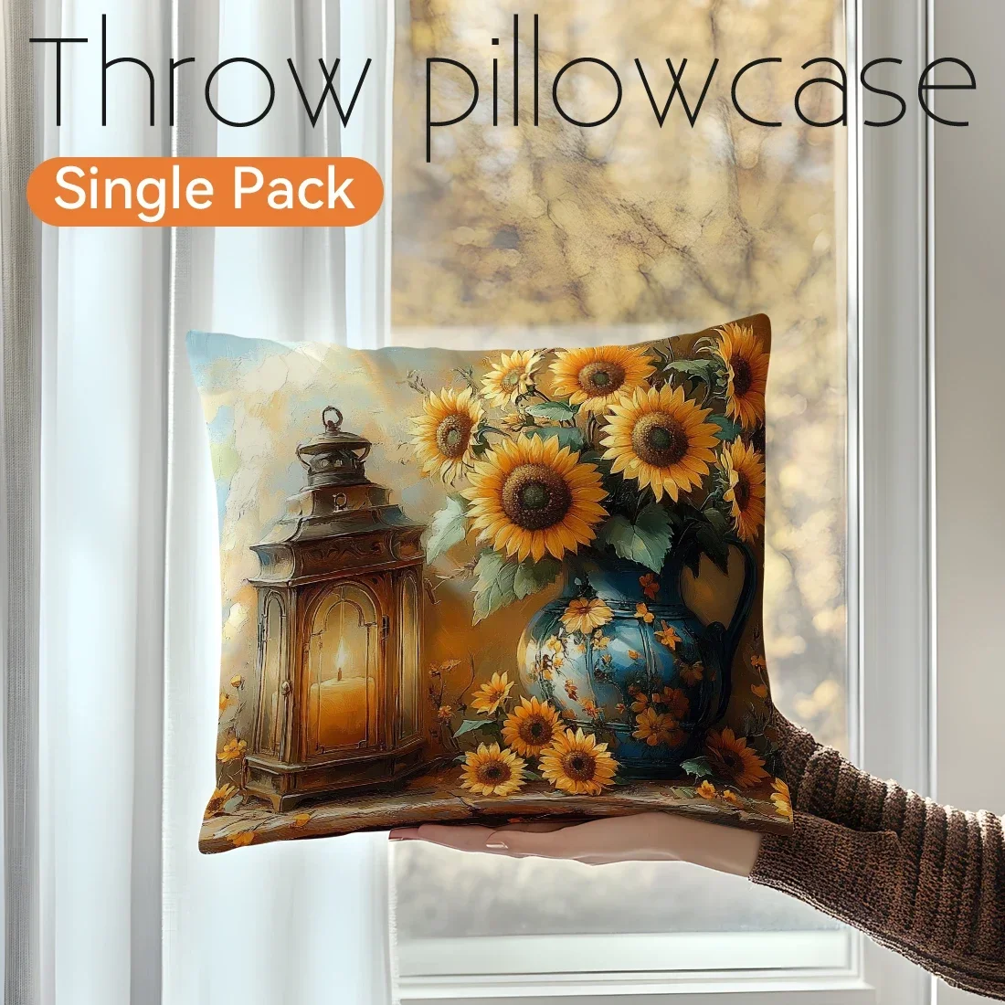 Funda de almohada de cosecha de otoño estilo pintura al óleo Retro, patrón de calabaza de girasol para sofá, ropa de cama