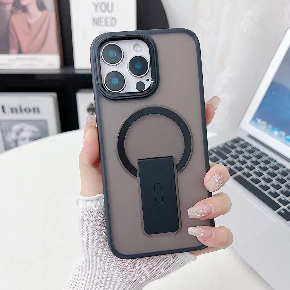 

Solid Color Phone Case For Iphone 16 Plus 15 Pro Max Protective Magnetic Wireless Charging PC Hard Shell With Holder Back Cover