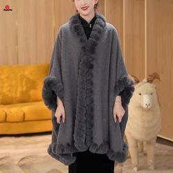 Fashion Wavy Faux Fur Trims Imitate Lamb Wool Coat Cloak Winter Women Batsleeve Overcoat Cape Wraps Thick Lining