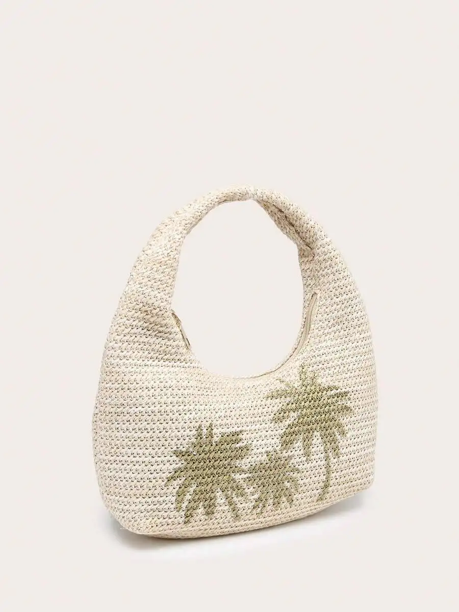 

Women's Crescent Moon Shaped Solid Color Straw Handbag, Silkscreen Palm Tree Print, Versatile & Fashionable, Handheld Beach Bag,
