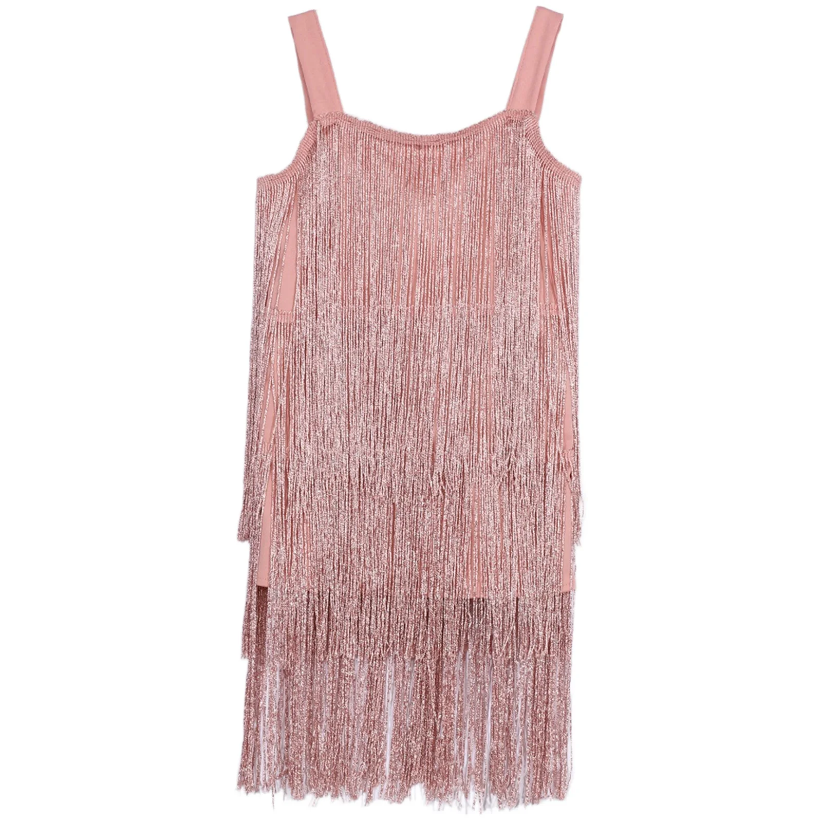 Kids Girls Fringe Latin Jazz Dance Dress Sleeveless Wide Shoulder Straps Shiny Tiered Tassel Dresses Stage Performance Dancewear