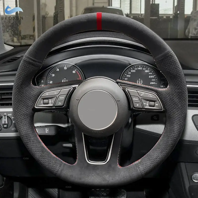 

Замшевый кожаный чехол с красной полосой для Audi A1 8X 2018-2022 A3 8V/8Y 2017-2022 A4 A5 S3 S5 Q2 Внутренняя отделка рулевого колеса автомобиля