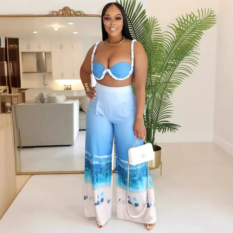 Sexy Nightclub Outfits for Women 2 Piece Set Birthday Vacation Bra Crop Top and Print Wide Leg Pants Matching Sets Beachwear