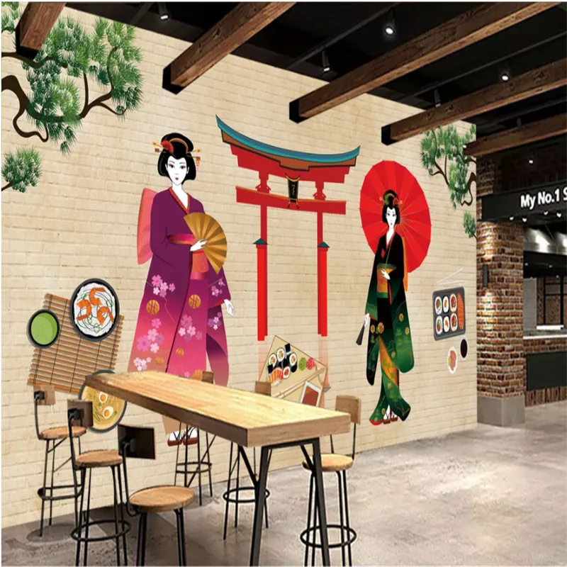 

Hand-painted Retro Ladies Figures Sushi Restaurant Background Mural Wallpaper Industrial Decor Wall Paper Papel De Parede 3D