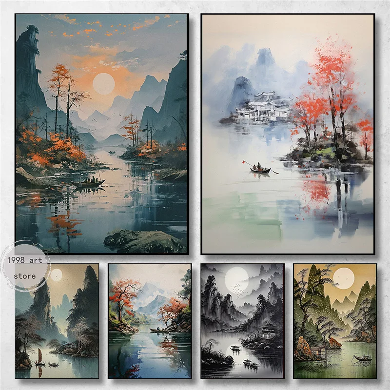 Traditional Chinese Mountain Landscape Nature River Boat Art Posters Canvas Painting Wall Prints Pictures Living Room Home Decor