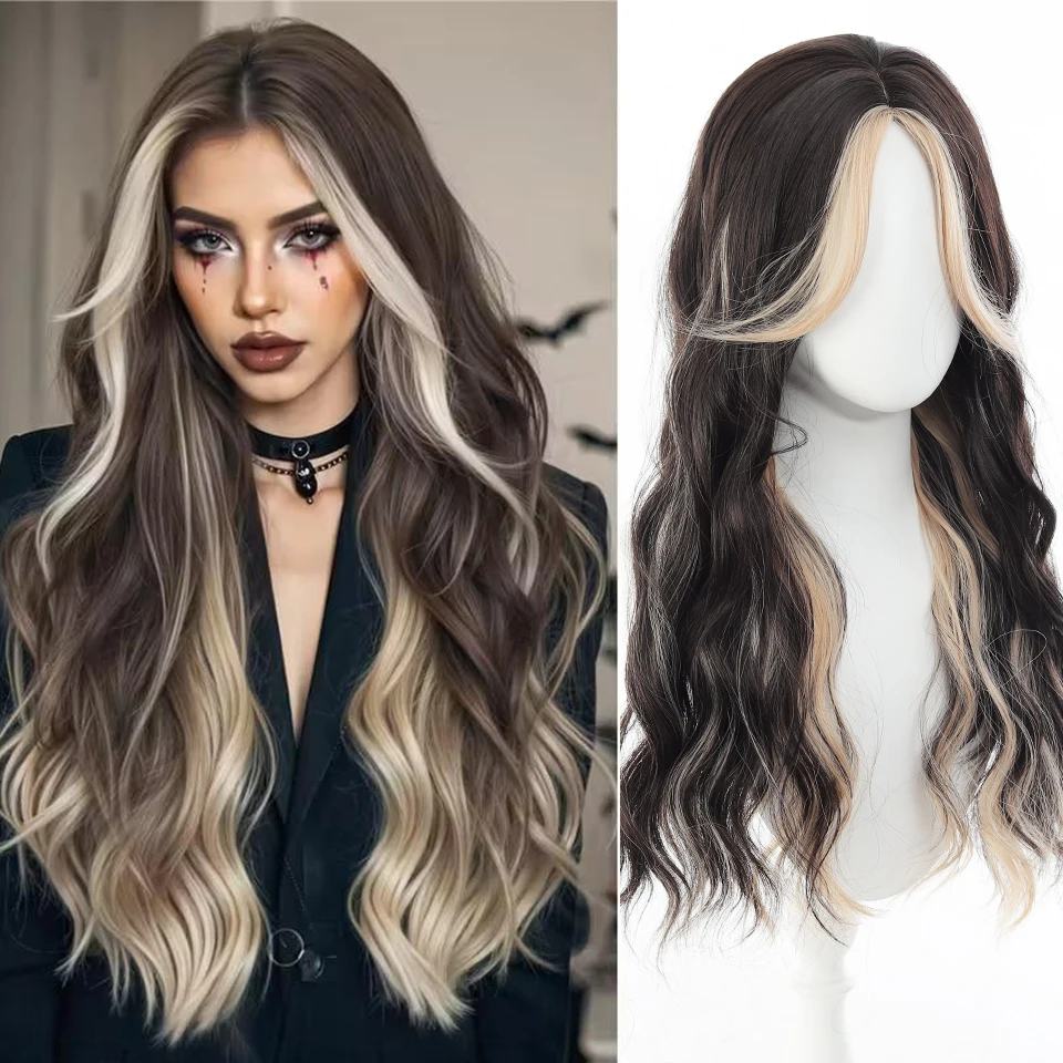 Synthetic Long curly Wavy Wig for Women 28 Inch Eight character bangs Curly wigs Natural Looking Heat Resistant Fiber for Daily