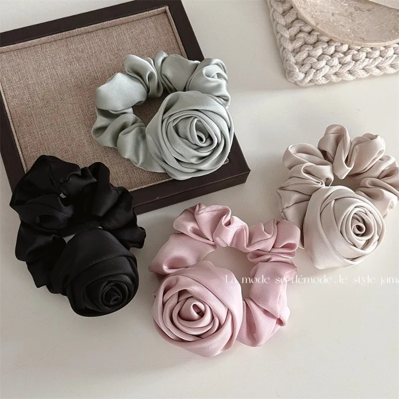 Women Ribbon Rose Flower Elastic HairBand For Women Girls Hair Rope Ties Flower Hair Scrunchie Ponytail Holder Hair Accessories