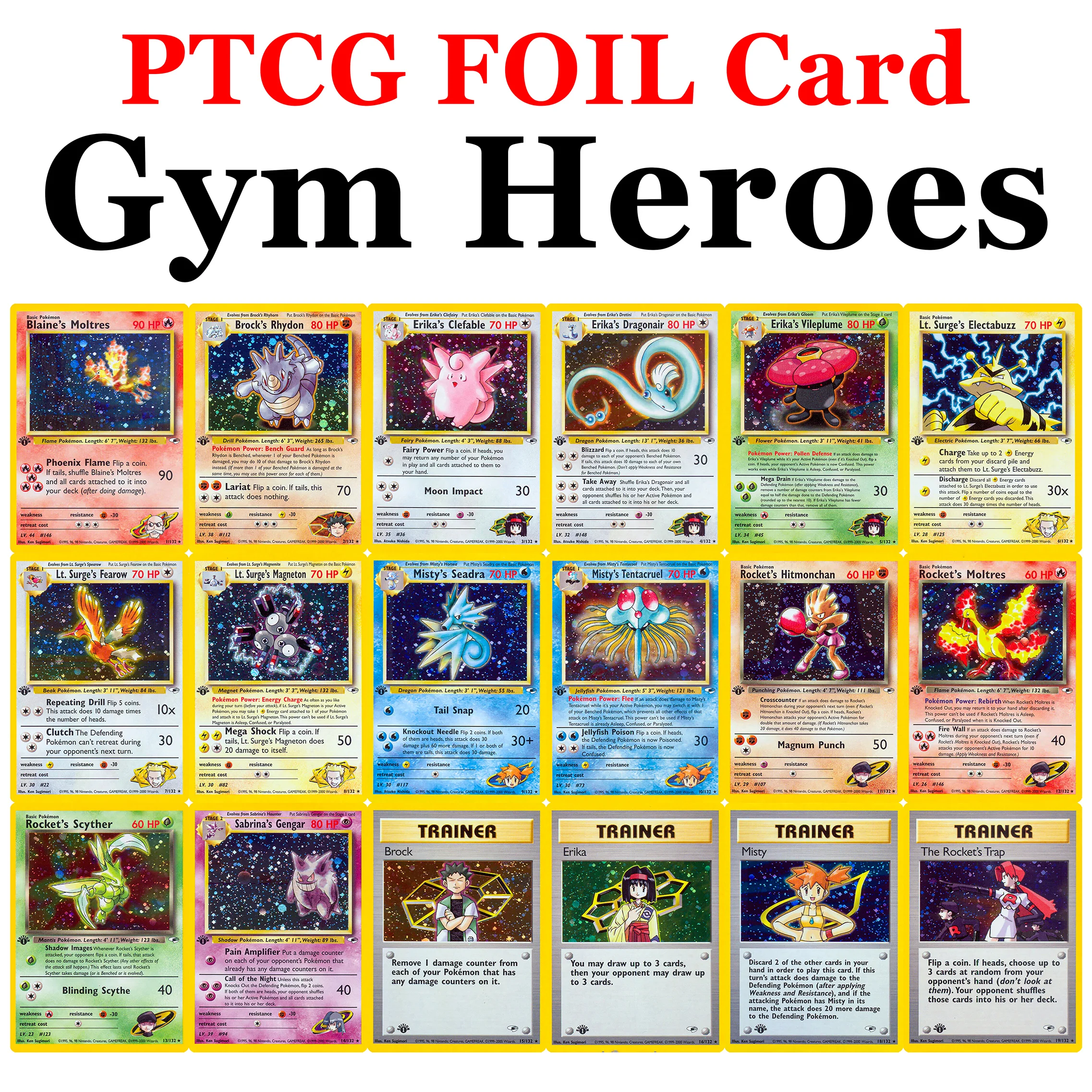 

18Pcs Pokemon Gym Heros Cards Holographic Card Dragonair Magneton Rhydon Trainer PKM TCG Game Collection Card Kids Toy Gifts