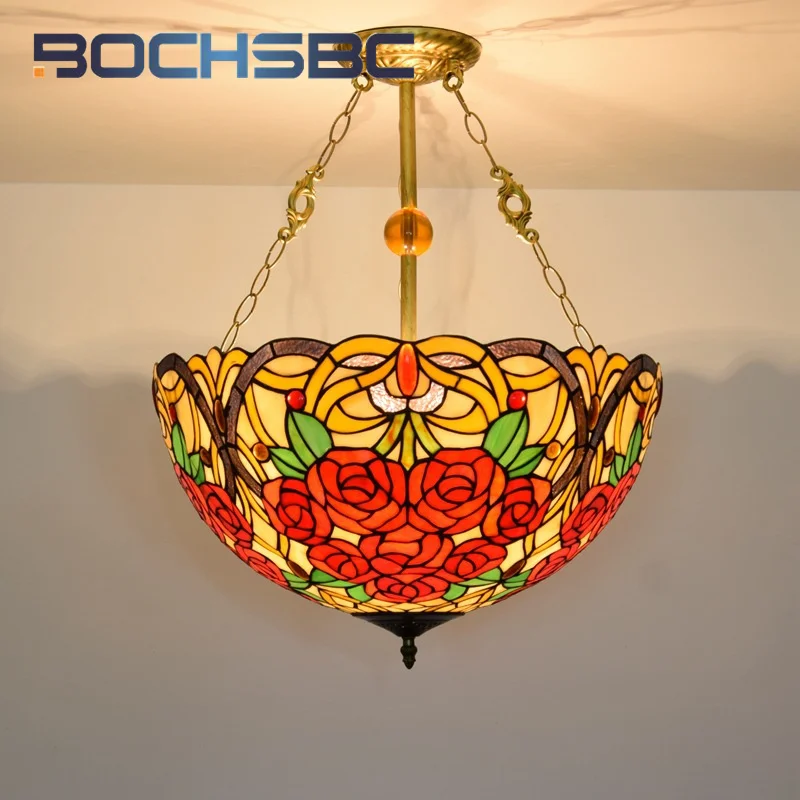 

BOCHSBC Tiffany Garden style rose chandelier Stained glass Art Deco Living Room Dining Room Bedroom Hotel reverse pendant light