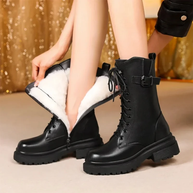 2025 женские теплые зимние байкерские ботинки из натуральной кожи большого размера из толстой шерсти, женские зимние ботинки в британском стиле
