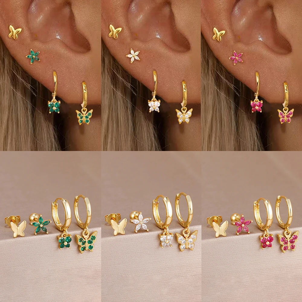 Ensemble de boucles d'oreilles pendantes en forme de papillon pour femme, 4 pièces, élégantes, uniques, en Zircon, fleur, bijoux de fiançailles, cadeau d'anniversaire