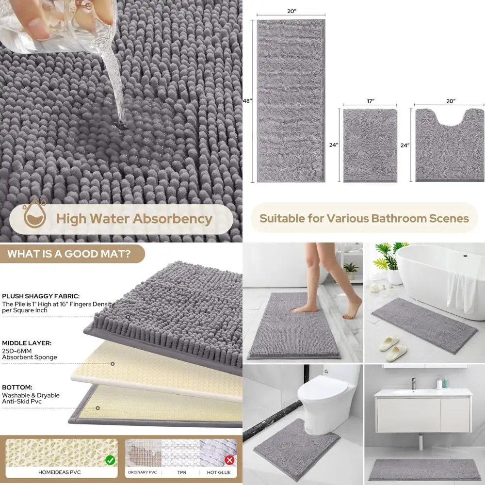 

Grey Ultra Soft 3-Piece Non-Slip Chenille Bathroom Rug Set for Toilet and Bath