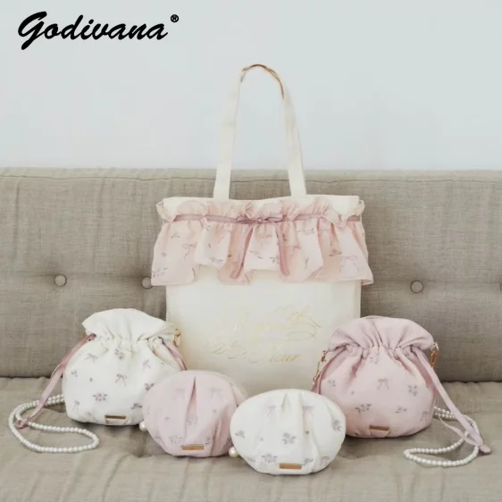 Japanese New French Fairy Embroidered Rose Ribbon Lotus Leaf Lace Tote Handbag Female Sweet Pink Portable Messenger Shoulder Bag