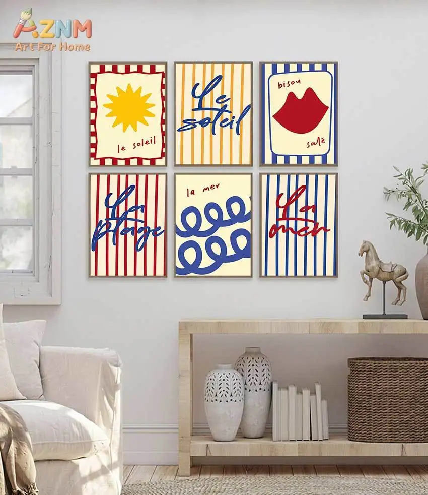 AZNM Retro French Striped Canvas Wall Art Le Soleil Sun Lips Abstract Typography Art Print Coastal Boho Living Room Decor Poster