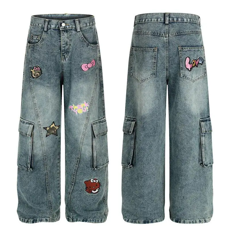 

25Новые женские милые крутые прямые джинсы с вышивкой «Hello Kitty», свободные утягивающие стильные широкие брюки с высокой талией