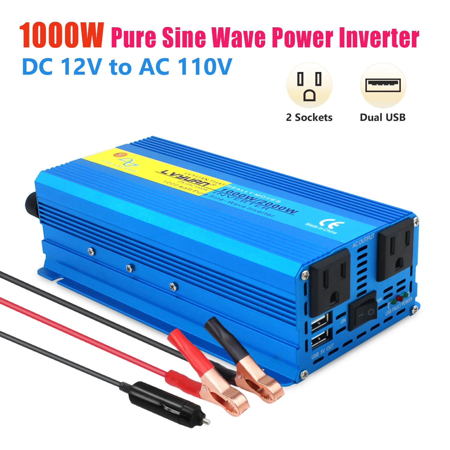 Pure Sine Wave Inverter 1000W/2000W DC 12V to AC110V 120V Dual USB and Dual US Socket Power Converter Car Solar Inverter