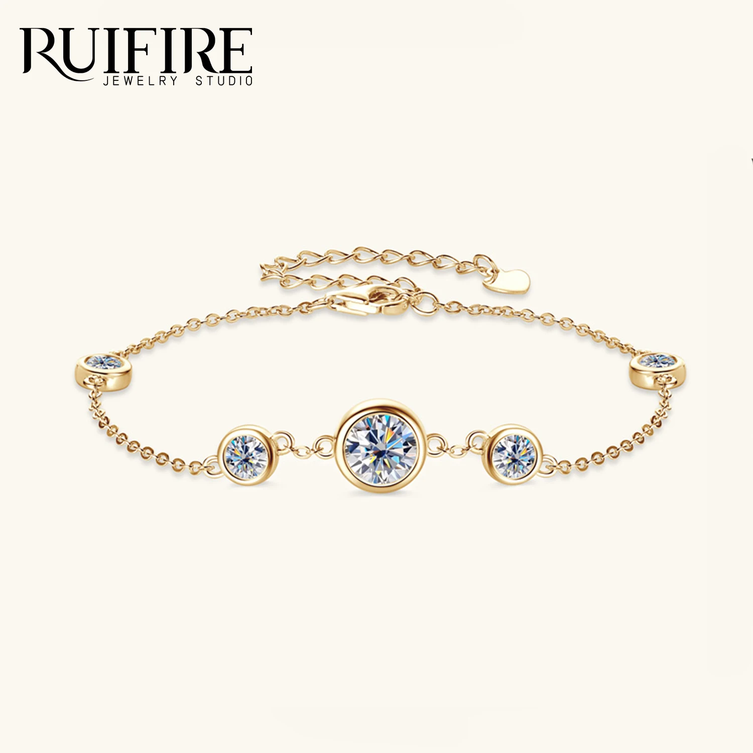 RUIFIRE 14K مطلية بالذهب 925 فضة مويسانيتي سوار متعدد قطع مستديرة سلسلة سوار قابل للتعديل مجوهرات الحفلات هدية GRA