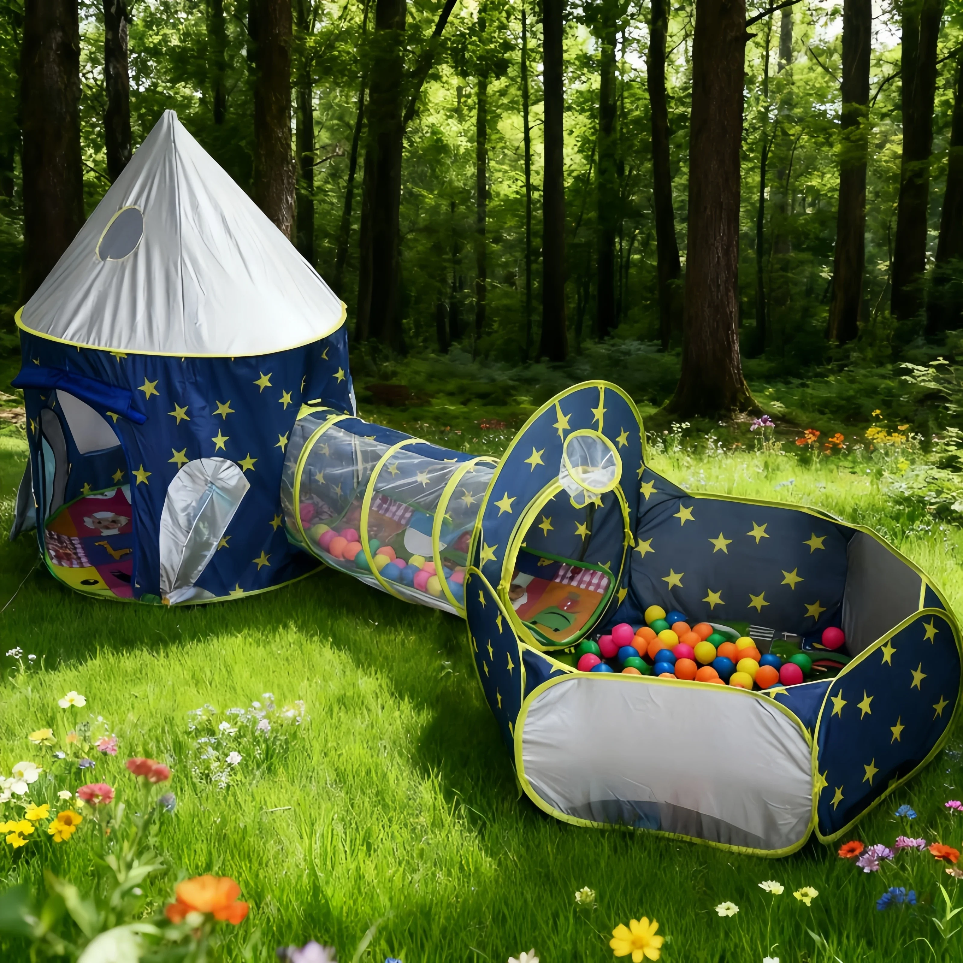 3-in-1-Zelthaus für Kinder, tragbares Schloss-Spielspielzeug mit Tunnel und Ozean-Ballbecken, Kindergrube, faltbar, für drinnen und draußen, Baby-Spielhaus