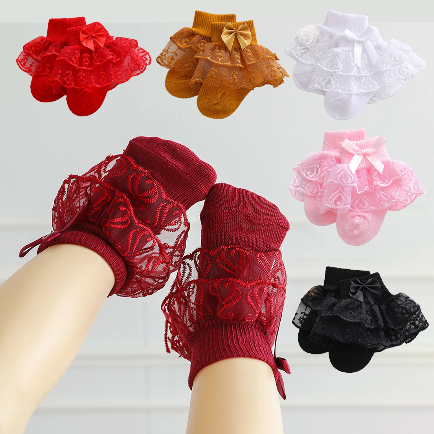 

6 pairs of baby girl mid-calf socks with lace ruffle trim, breathable and comfortable lace socks, cute princess socks