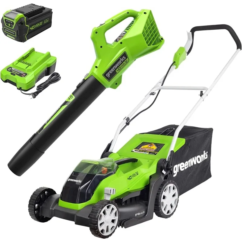 

Greenworks 40V 14-Inch Cordless Lawn Mower / Axial Blower Combo Kit, 4.0Ah USB Battery (USB Hub) and Charger, CK40B410