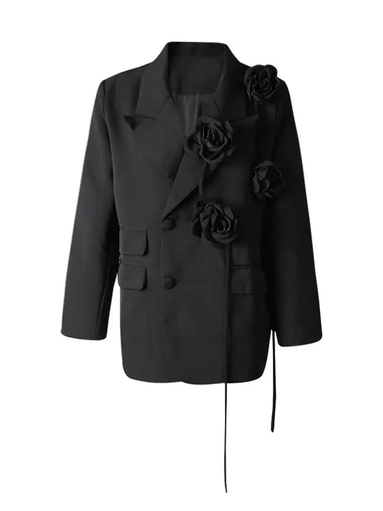 TLXT แฟชั่นผู้หญิงสีม่วงสามมิติดอกไม้เบลเซอร์ปกหลวมไหล่เดี่ยวเสื้อสูทฤดูใบไม้ร่วงใหม่