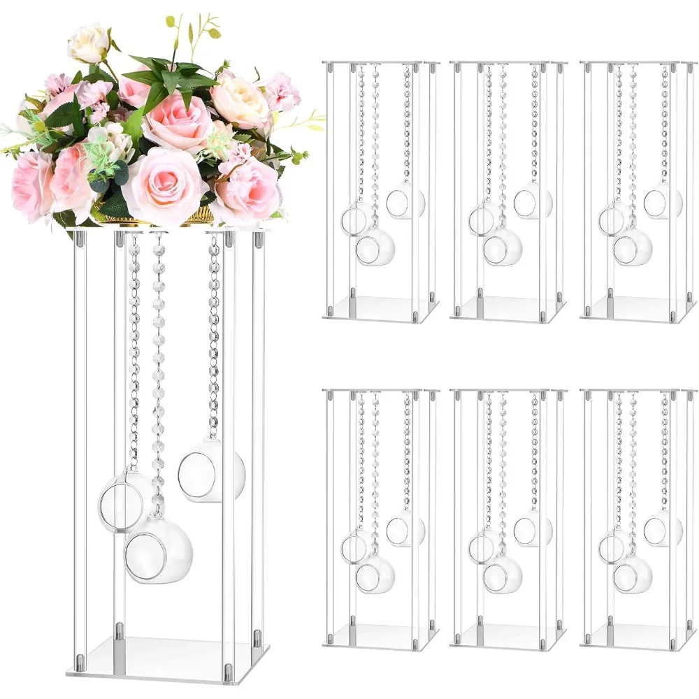 

12 sets 20'' tall acrylic flower vase wedding centerpieces flowers stand with hanging glass tealight globe candle holders, crys