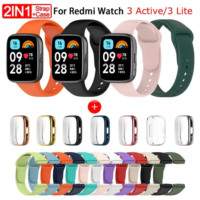 Soft Silicone Strap for Redmi Watch 3 Active Strap Accessories Smart Replacement Watchband and Screen Protector Case Wristband