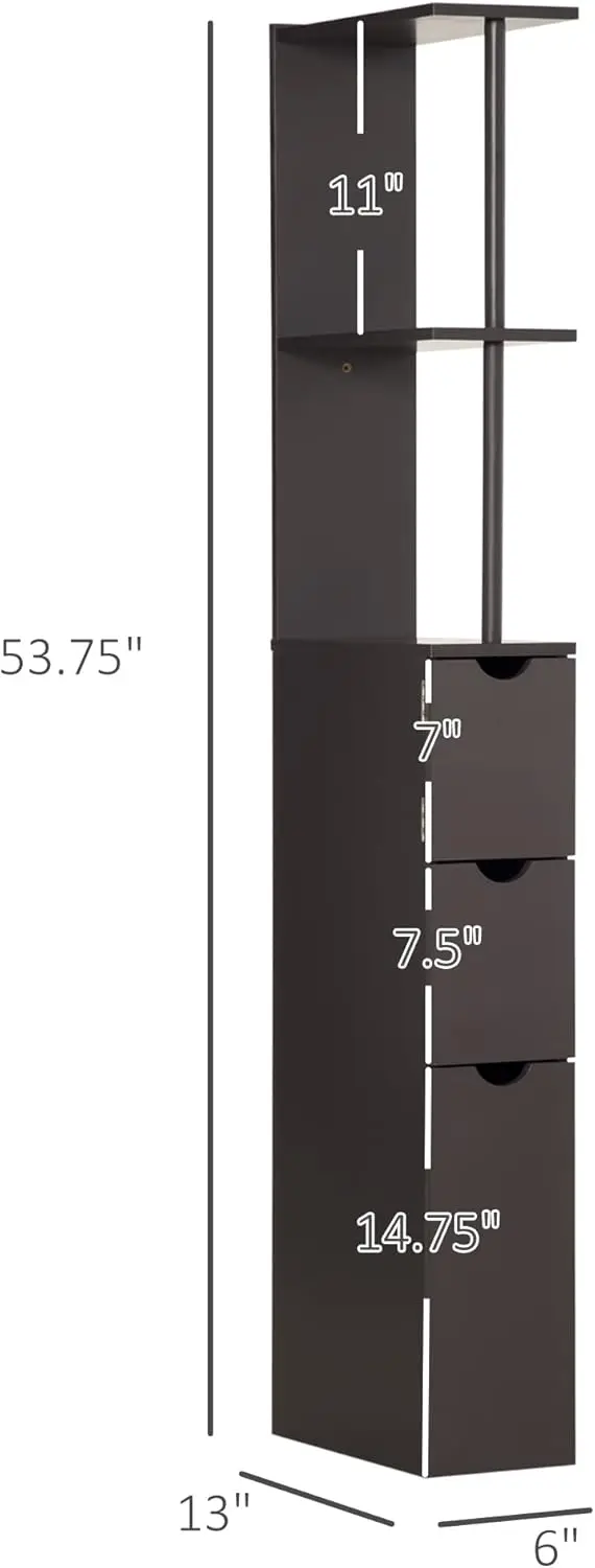 

54"" Tall Bathroom Storage Cabinet, Freestanding Linen Tower With 2-Tier Shelf And Drawers, Narrow Side Floor Organizer, Brown