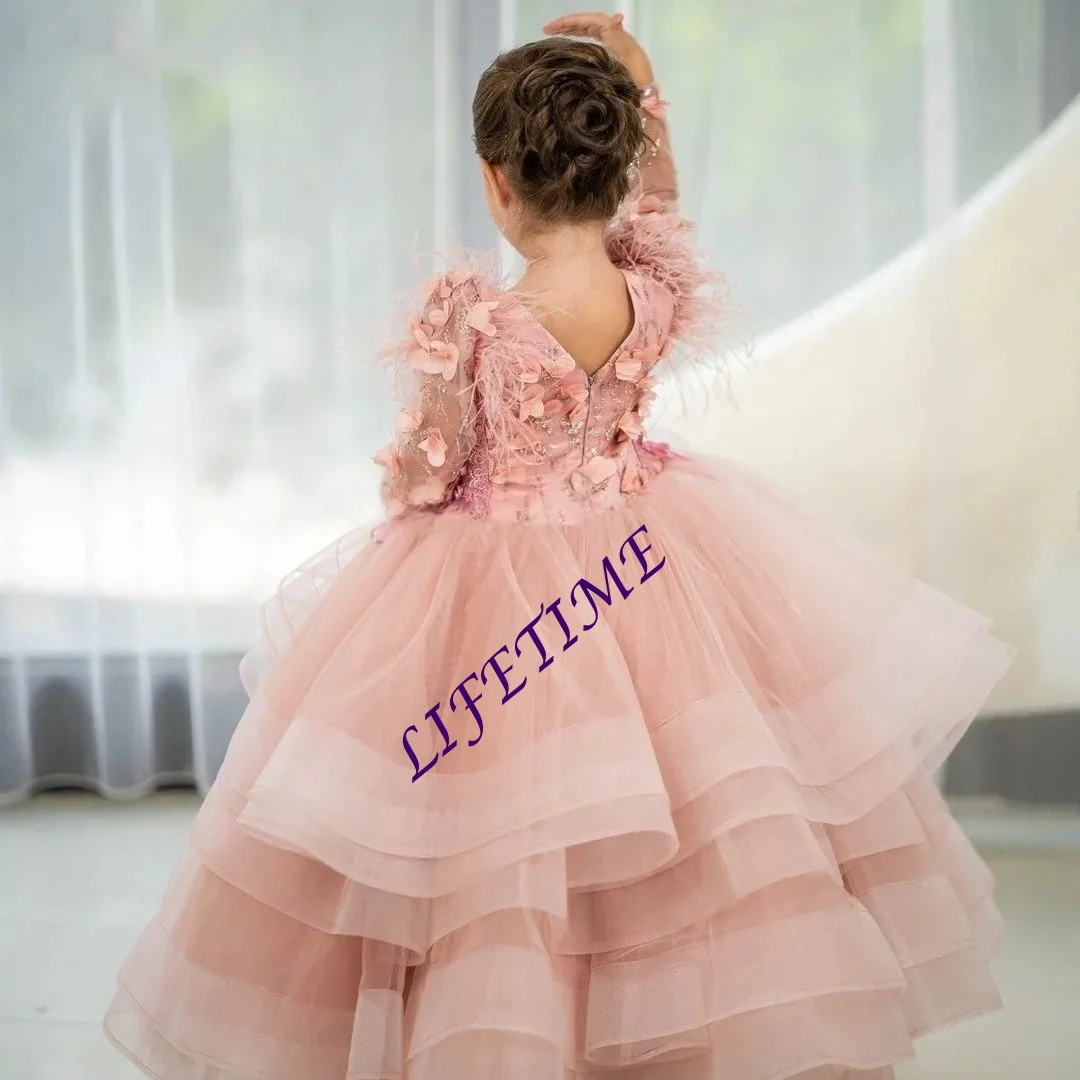 

CustomizedGorgeous Dark Green Flower Girl Dress Appliques Sequined A-Line Tulle Long Sleeves Tiered Dress For Wedding Birthday B