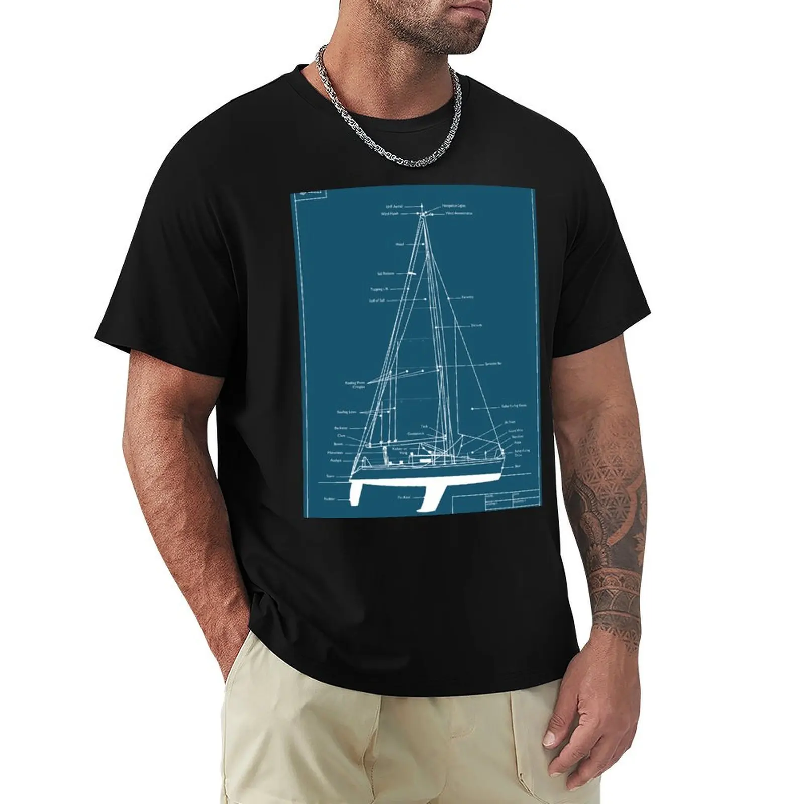 Sailing Yacht Blueprint T-Shirt Work Short Sleeve Cotton Top