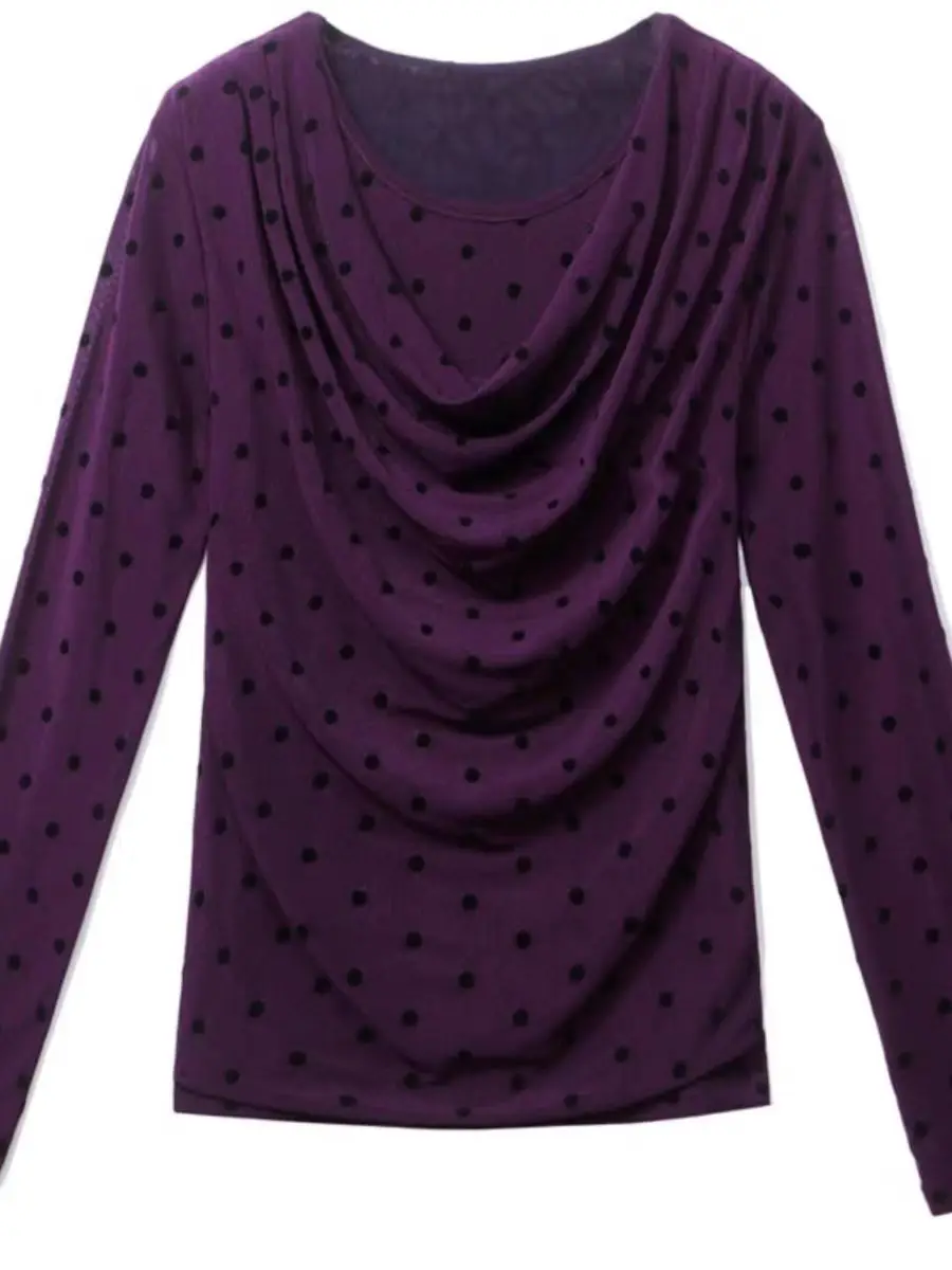Obcisły top z nadrukiem w kropki dla kobiet O Neck Długie rękawy Slim Fit T-shirt 2025 Wiosenne siateczkowe swetry dla kobiet — zdjęcie 6