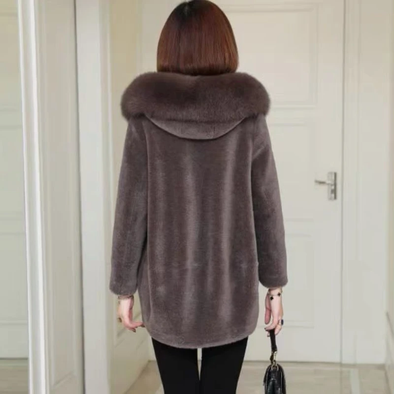 Winter New Women Faux Fox Fur Coat Lamb Wool Thicken Warm Outwear Loose Casual Hooded Parkas Fashion Solid Color Outcoat 2023