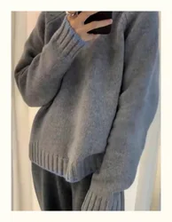 Autumn and winter women's casual solid color round neck long sleeved loose sweater