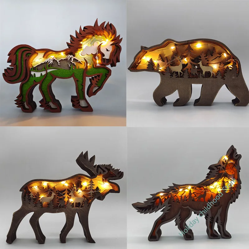 Wooden Animal Wolf Statue Creativity Wolf Totem Office Home Decorate Crafts Christmas Gift North Forest Elk Brown Bear Ornaments