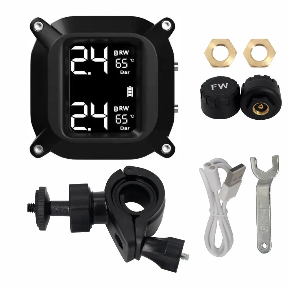 Motorcycle Tire Pressure Monitoring System Motorcycle TPMS with 2 Sensors LCD Display  Real Time Solar Charging Motorbike TPMS