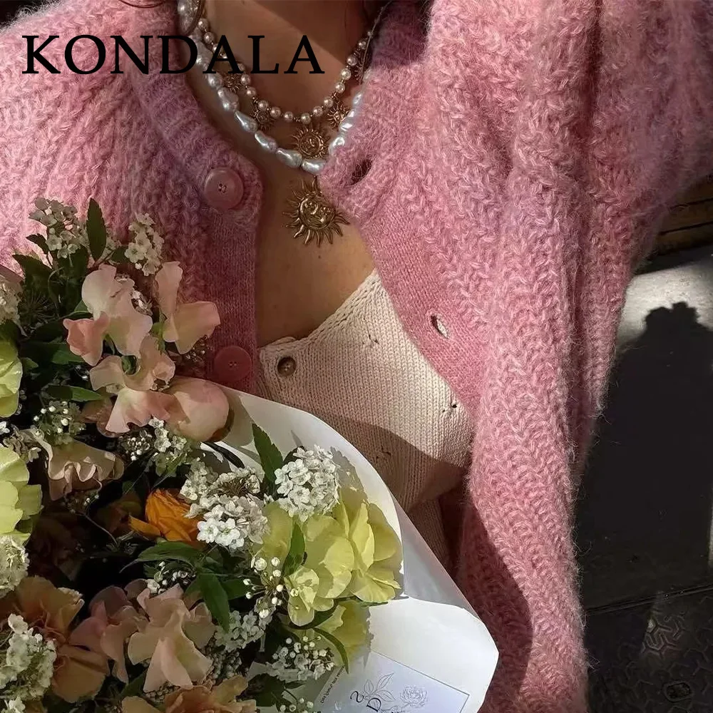 

KONDALA 2025 Solid Casual Fall Women Sweaters Clothes Fashion Korean Style Raglan Sleeve O Neck Single Breasted Ladies Sweaters