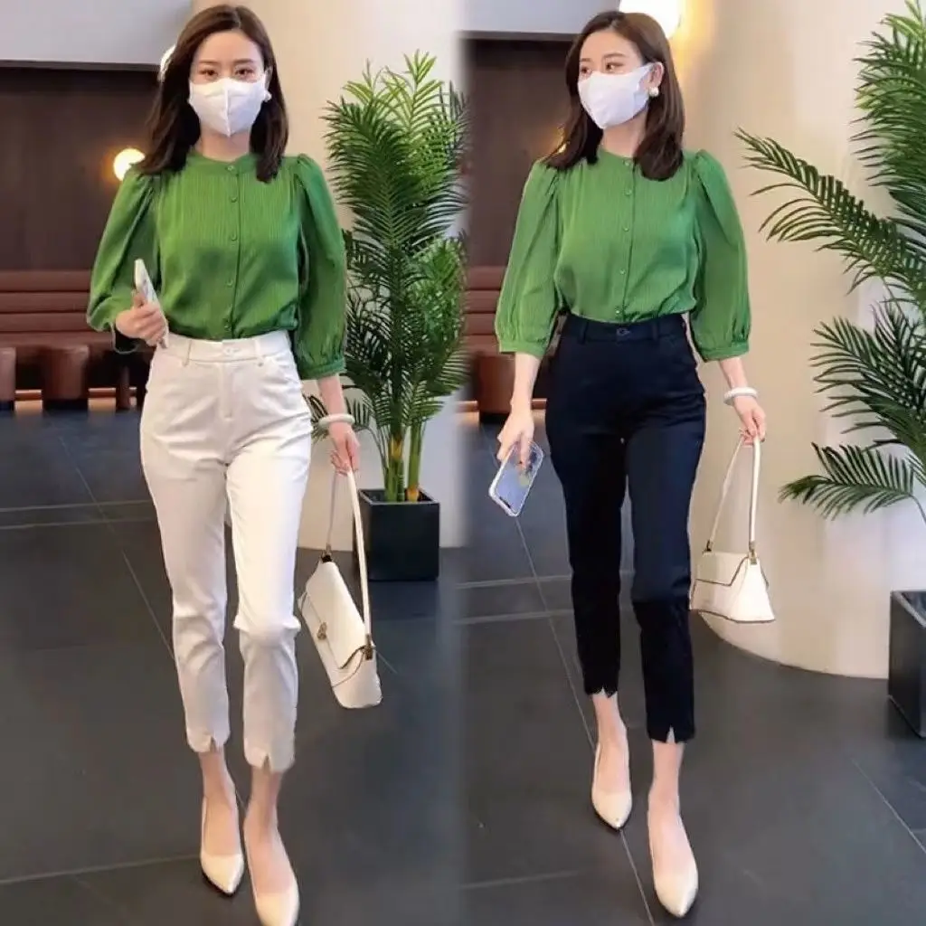 Spring 2023 New Lotus Sleeve Chiffon Shirt Top Casual Suit Two Piece Elegant Women's Pants Set Office Professional Set