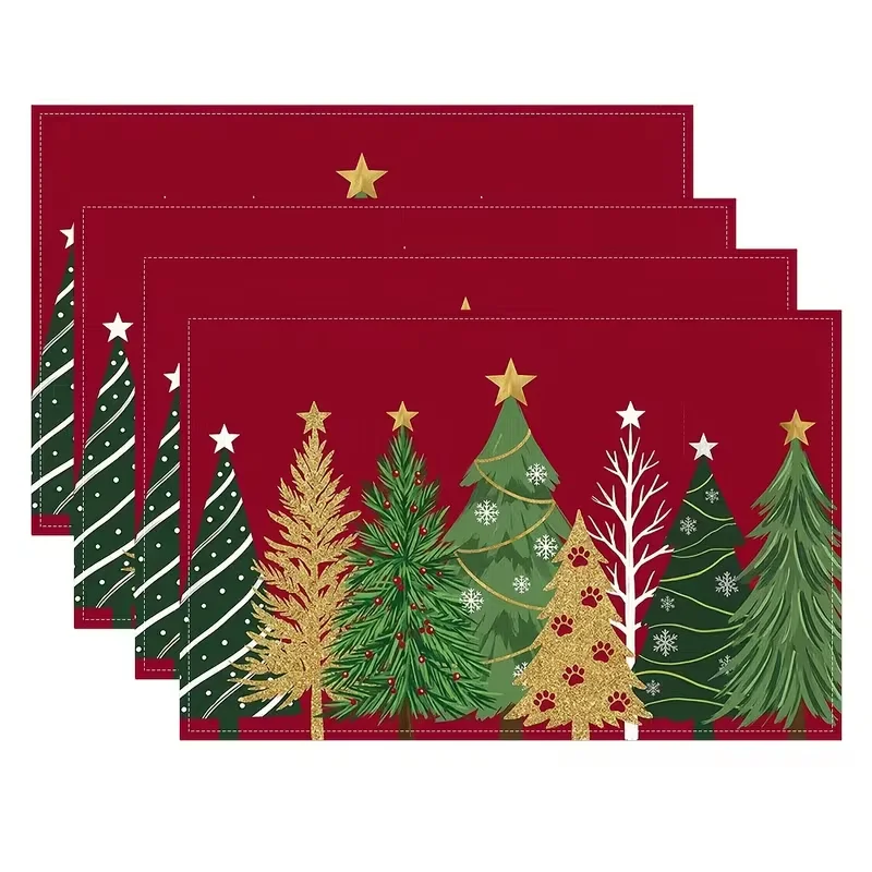 Minimalist Line‑Drawing Christmas Tree Printed Table Mat Dark Green Modern Simple Xmas Decorative Placemat for Dining Table Ki
