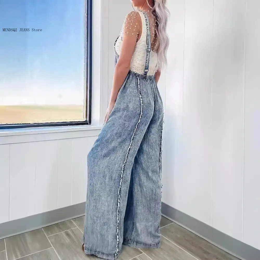 Spring Autumn Loose Overalls European and American Retro Washed Fringed Wide Leg Jumpsuit Women 16859