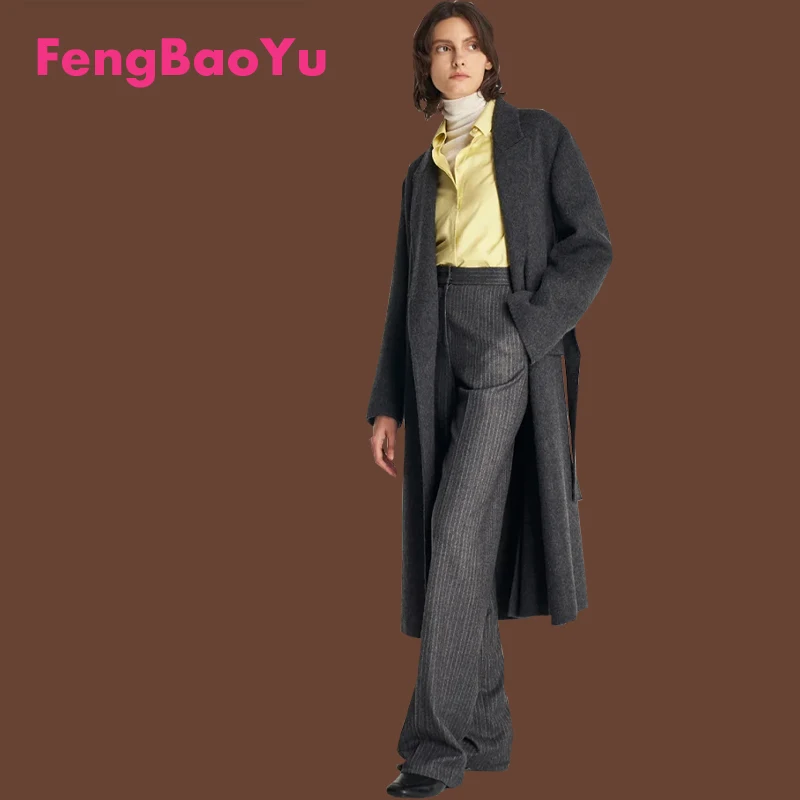 

Fengbaoyu High-end Sheep Wool Coat for Women Autumn Winter Wool New Wool Blend Simple Long Black Coat Outdoor Business Casual