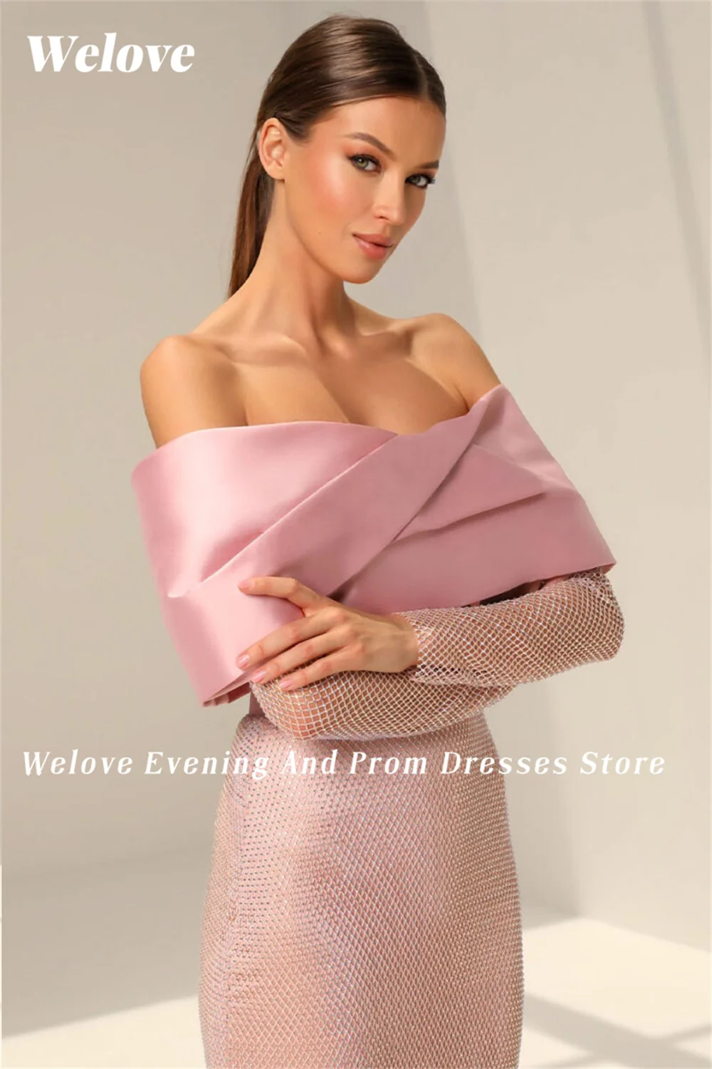 Welove Wrapped Off Shoulder Womens Dresses Long Net Stonse Sleeve 2023 فساتين السهرة  Mermaid Pencil Cut Dresses for Prom