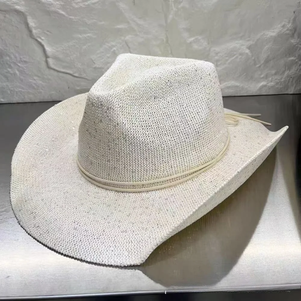 Sequin Knit Western Cowboy Hat French Panama Style Trendy Outdoor Versatile Sun Shade Handheld Hat for Men and Women