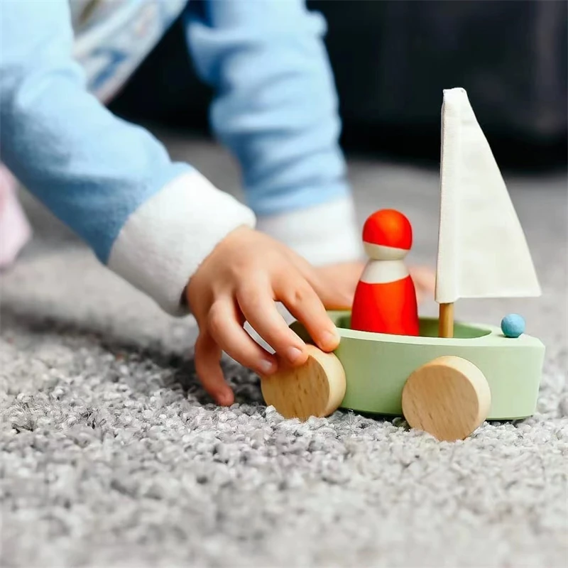 Wooden Sailboat Car Baby Open Ended Kids Toys Car Small World Play Waldorf Toys For Kids Gift  Wooden Blocks