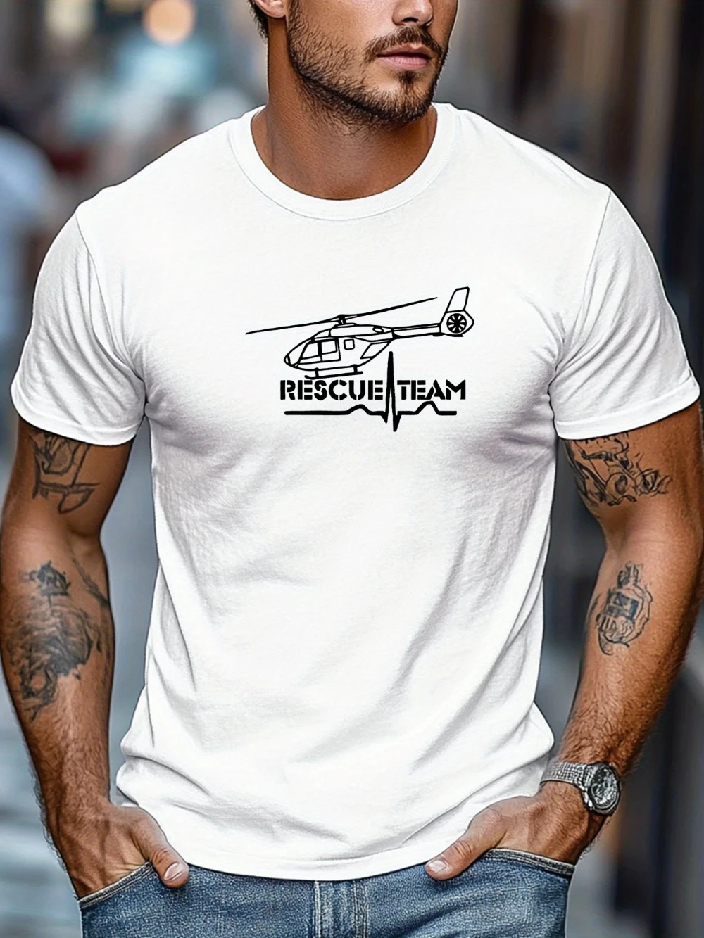 Men's Rescue Helicopter Pattern Summer Casual Crew Neck Short Sleeve T-Shirt Men's T-shirts for Summer Unisex All-Season