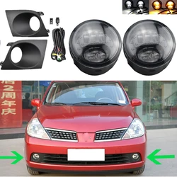 1Pair Fog lights For Nissan Tiida Latio 2005 2006 2007 2008 LED Halogen Fog Iight Frame Wiring Grille Harness Switch Kit