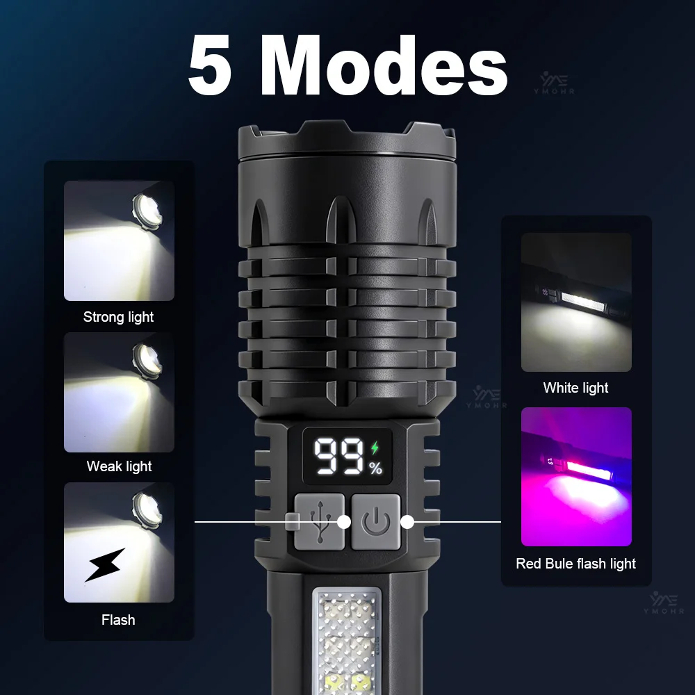 Torcia ad alta potenza Lampada laterale Torcia a LED ricaricabile Torcia con display digitale impermeabile Torcia Escursionismo da campeggio all'aperto Luce di emergenza rossa blu Zoom telescopico Lanterna da campeggio