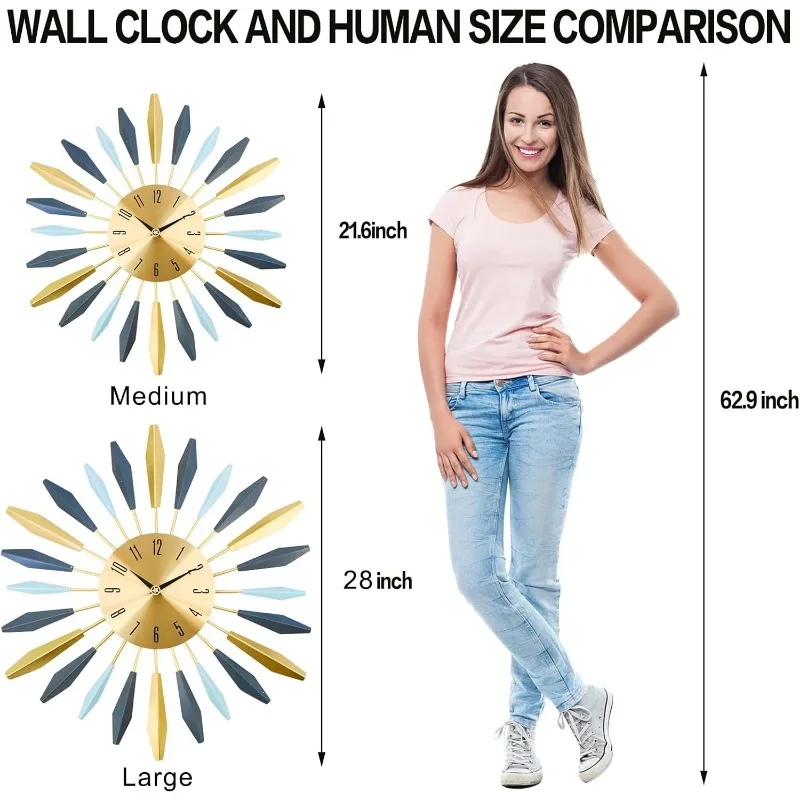 ساعة حائط معدنية كبيرة مزخرفة ، ساعات كبيرة صامتة غير موقوتة ، ديكورات منزلية حديثة لغرفة المعيشة ، منتصف القرن ، 28"