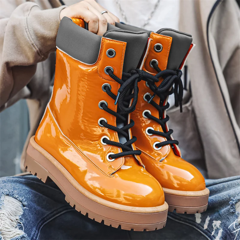 

High-quality Fashion Glitter Leather Boots for Men Comfortable Platform Fashion Boots Men Lace-up Ankle Boots Man botas hombre