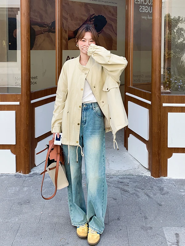 Kurtka khaki ort Coat Jaet damska, wczesna wiosna/jesień 2025, nowa, mały rozmiar, casualowa, uniwersalna, luźna, do pracy, z kołnierzykiem stójką, dopasowany krój.