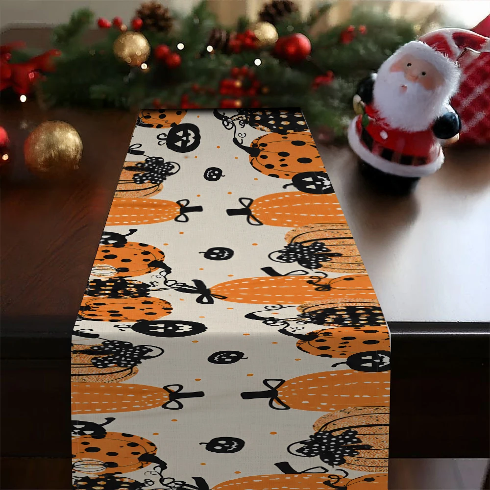 Halloween Pumpkin Table Runner Black Dot Jack‑o‑Lantern Print Fall Autumn Holiday Table Decor Farmhouse Kitchen Dining Table Run